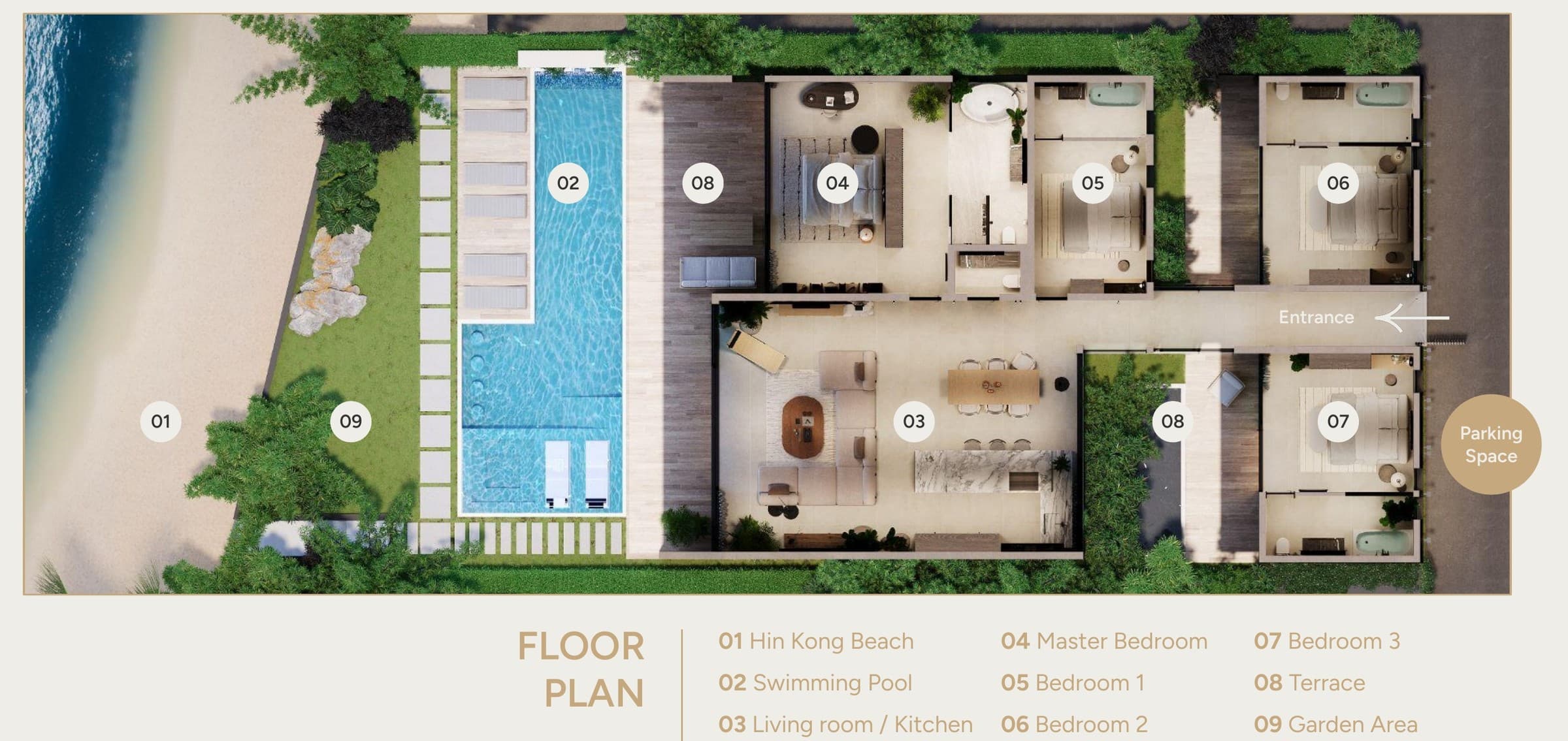 Floor plan of the beachfront villa design: Hin Kong Beach, swimming pool, garden, terraces, open living room and kitchen, master bedroom and bedrooms 1 to 3, entrance and parking